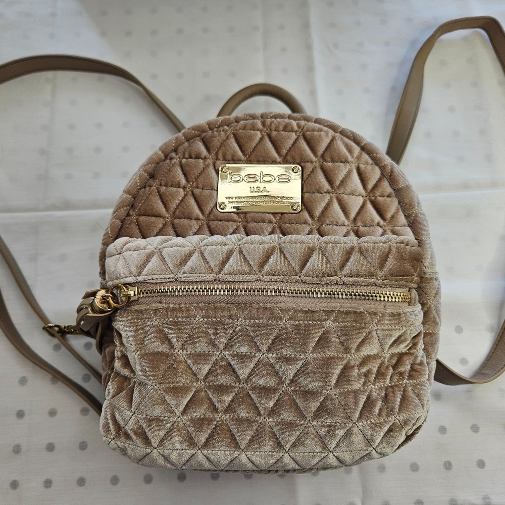 bebe Maria Quilted Velvet Mini Backpack in Tan